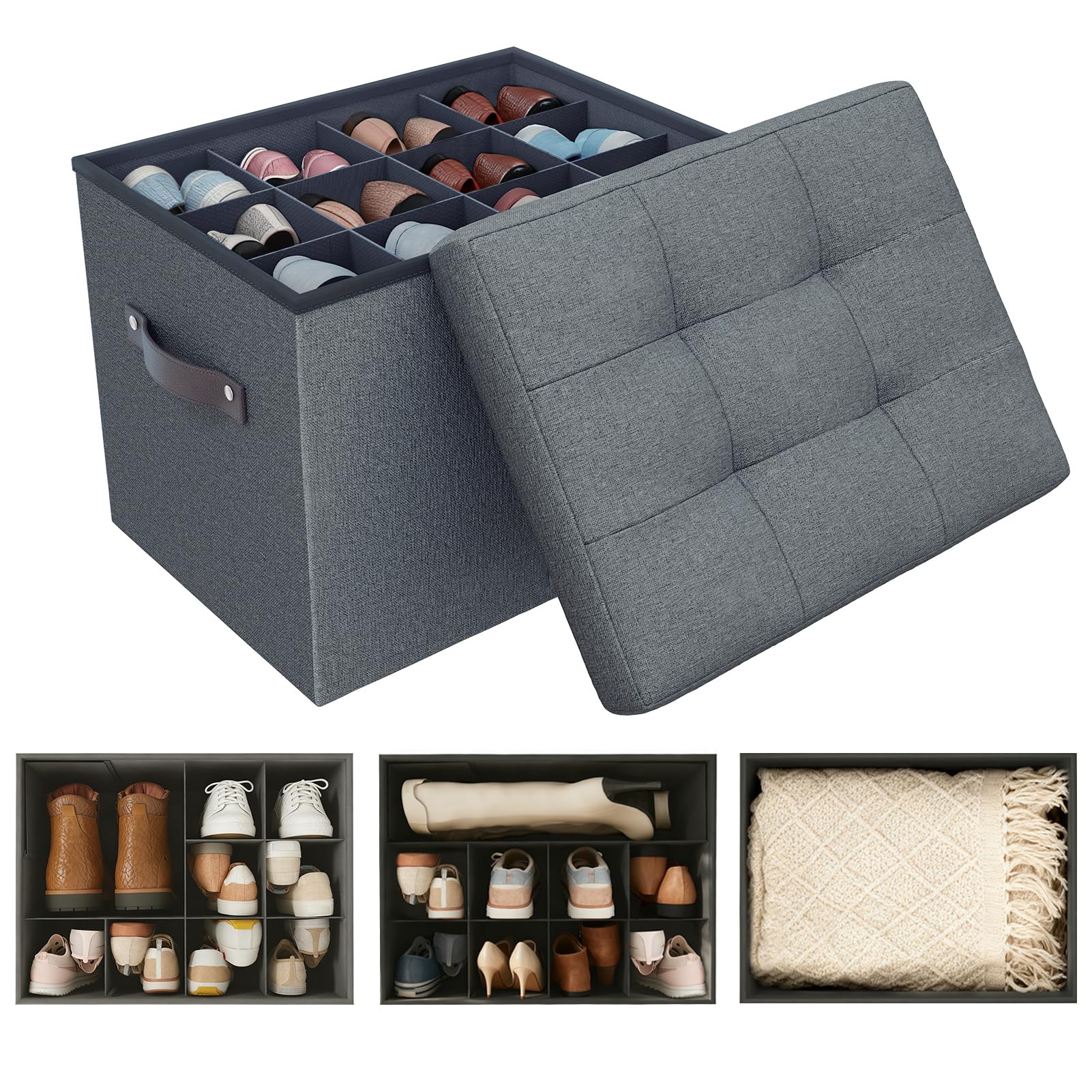 Hoiwio Storage Ottoman Shoe Organiser for Closet - Adjustable Dividers Storage Box for Shoes | Clothes | Toy | Blanket, Foldable Pouffe Footstool Small Bench Shoe Cabinet