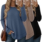 Velvelhall 3 Pack Women's Waffle Knit Sweatshirts Crew Neck Long Sleeve Tops Casual Loose Fit Pullover Tees Curved Hem Shirts