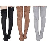 Suhine 3 Pair Women Fleece Lined Thigh High Socks Over Knee Cable Knit Boot Socks Winter Warm Thermal Leg Warmer Stocking