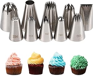 Kayaso Cake Decorating Icing Piping Tip Set, 10 X-large Decorating Tips Stainless Steel Plus 20 Disposable Pastry Bags