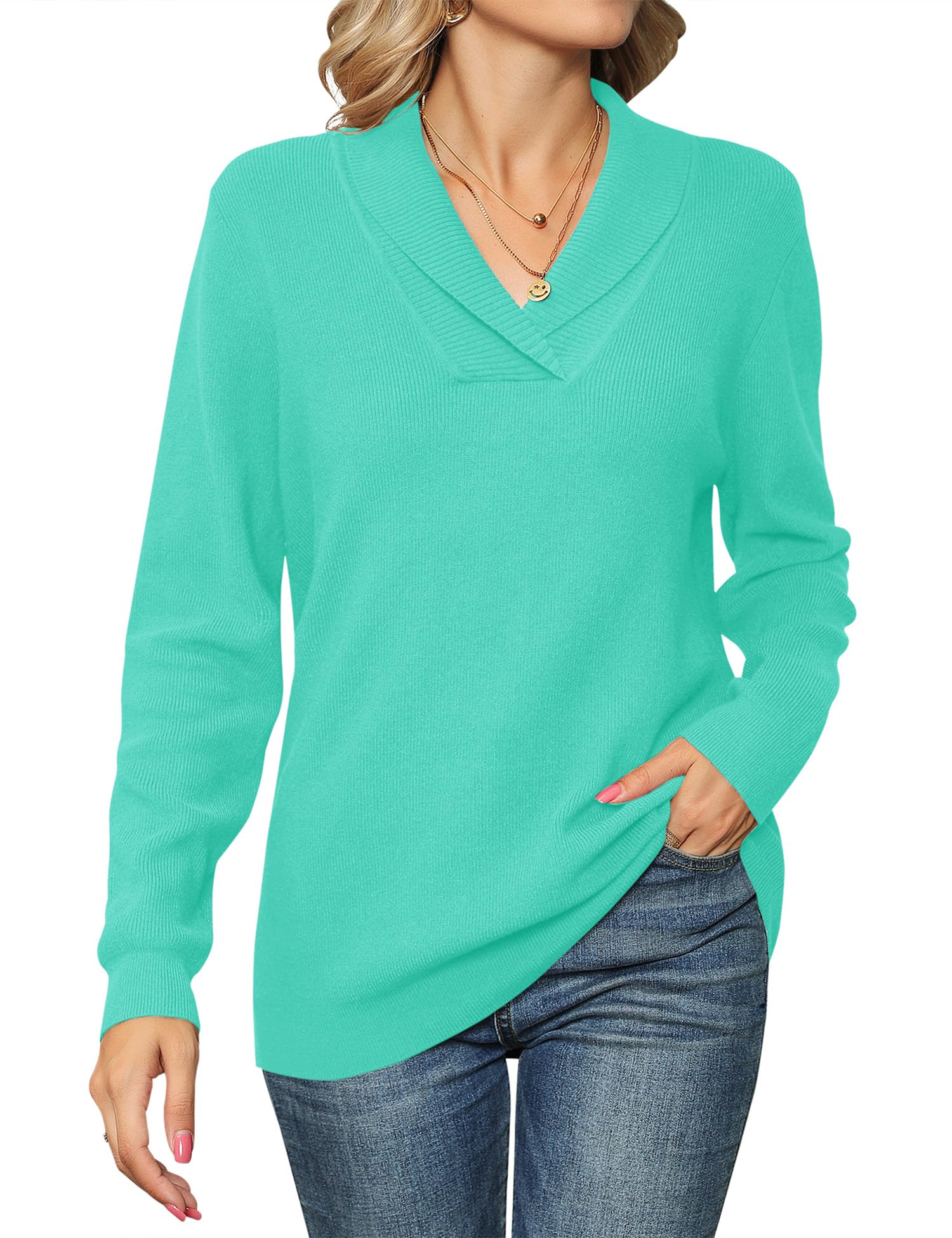 Ivicoer Women's Sweaters V-Neck Pullover Shawl Collared Fall Long Sleeve Casual Tops Ladies Knitted Warm Clothes Winter Spring Dressy Trendy Mint Green Image