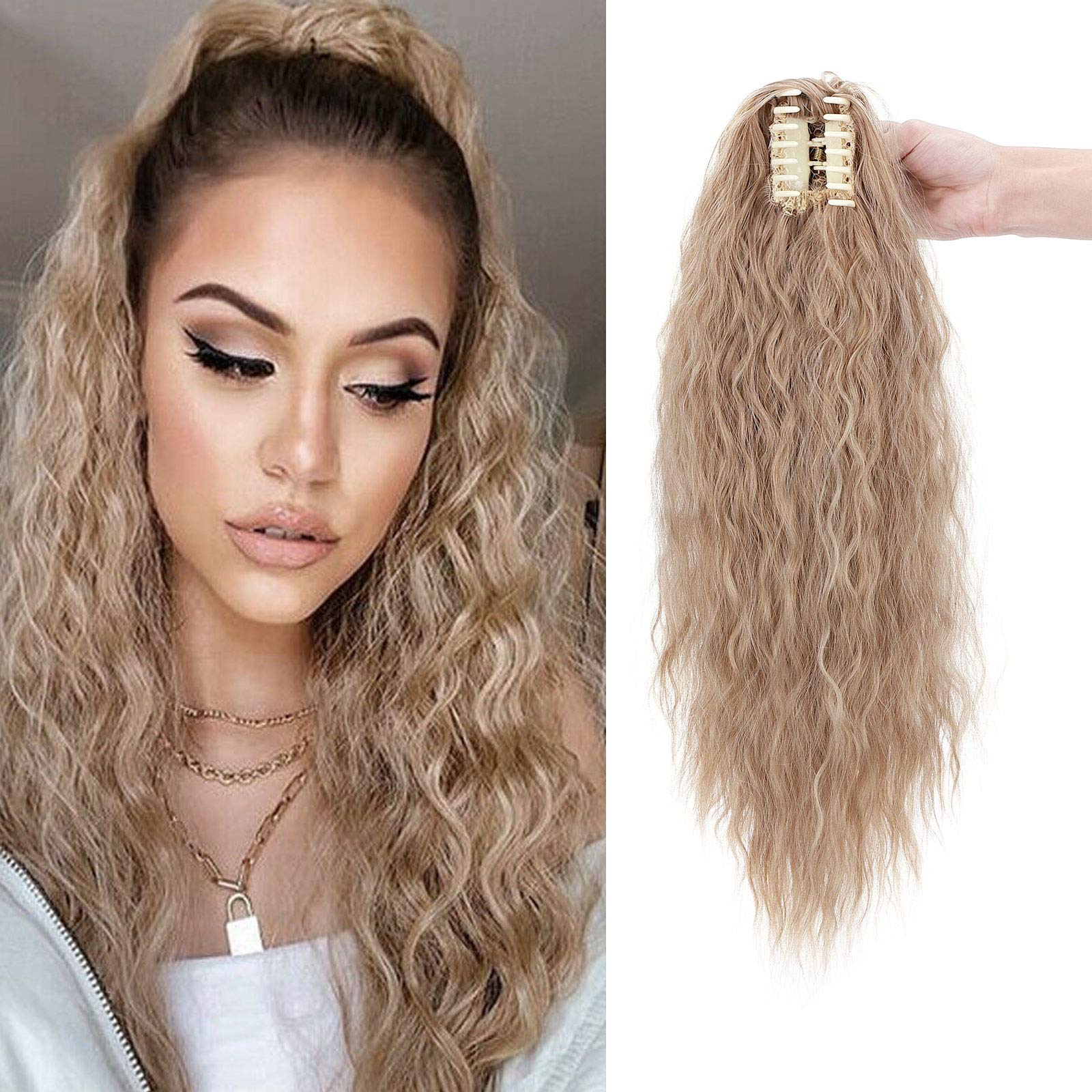 Real Fashion Corn Wavy Ponytail Extension Claw Clip 24" Long Wavy Curly Hair Extensions Jaw Clip Ponytail Hairpiece Pony Tail Light Ash Brown mix Bleach Blonde