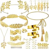 JenPen 15 Pcs Greek Goddess Costume Accessories Set Golden Laurel Leaf Crown Upper Arm Cuff Coil Bracelet Hair Headpiece Artificial Leaf Drop Earrings Necklace Toga Waist Belt for Women (Elegant)