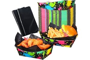 PerKoop 50 Pack Neon Glow Paper Food Tray Bulk with Deli Liner Sheets 1.1lb Disposable Glow Birthday Food Boats Neon Food Platters Snack Trays for Nacho Tacos Glow Neon Birthday Party Decor Supplies