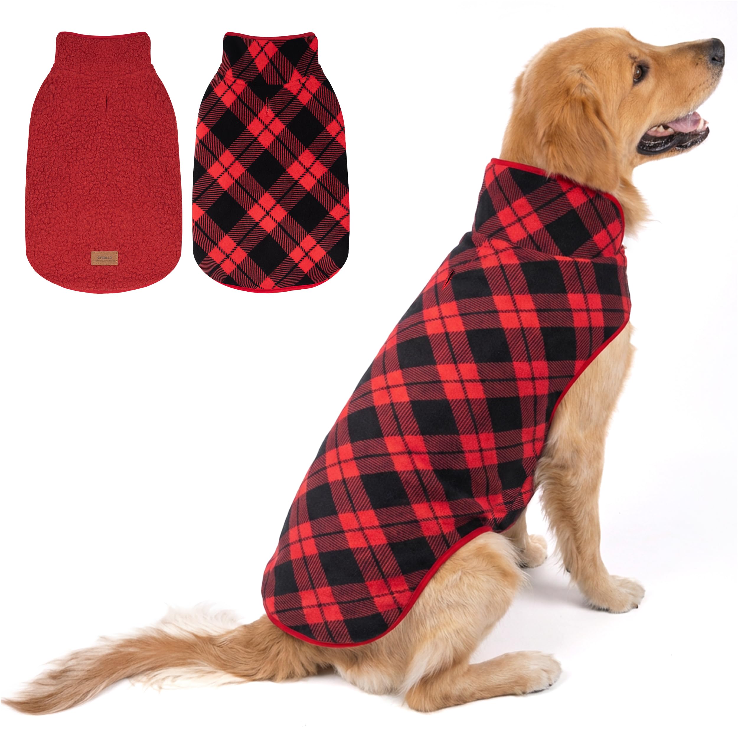 cyeollo 3XL Dog Coat, Fleece Sherpa Winter Sweater Coats, Turtleneck Dog Jacket Vest for Large Dogs with Leash Hole, Soft Reversible Pet Coats for Cold Weather, Buffalo Plaid XXXL Image