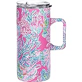 Lilly Pulitzer 16 Oz Travel Mug with Handle and Lid, Stainless Steel Insulated Coffee Tumbler, Double Wall Metal Cup, Seaing Things