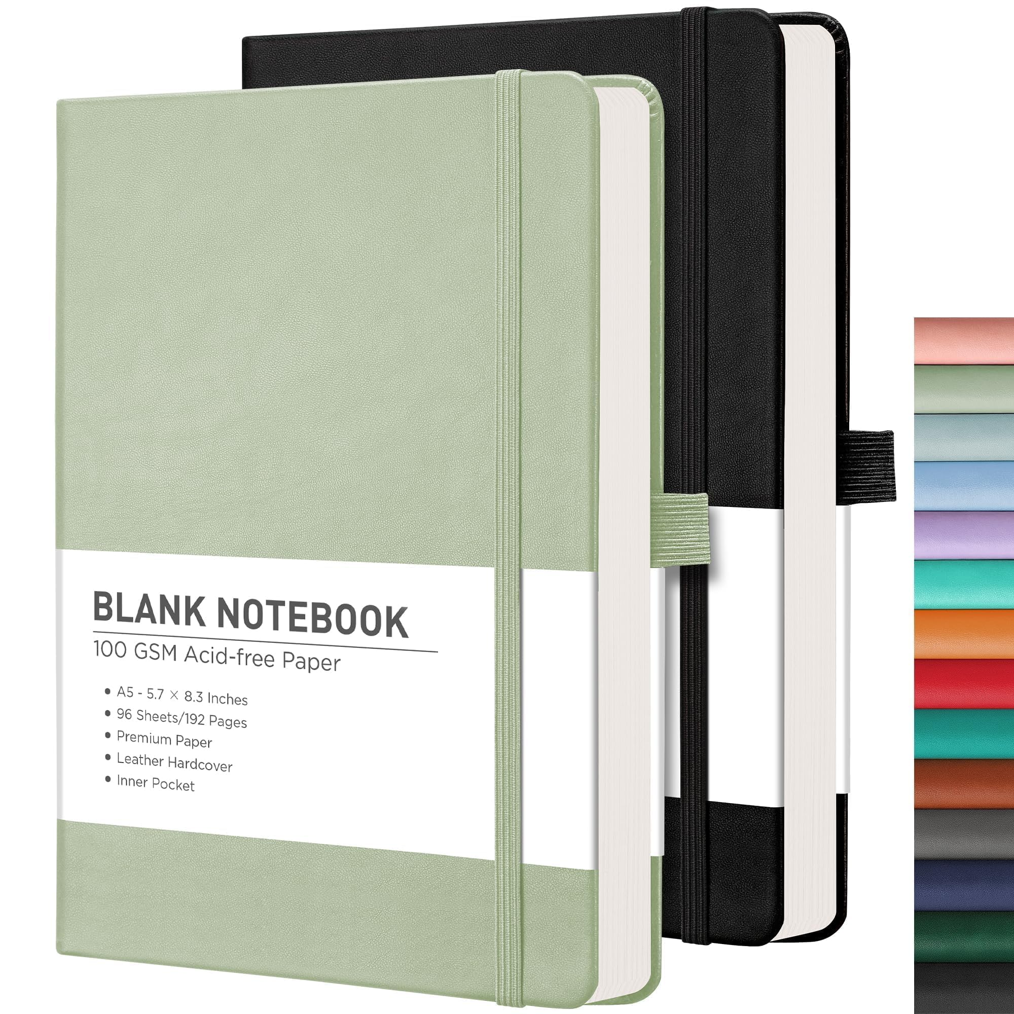 Photo 1 of RETTACY Blank Journal Notebook, 2-Pack, 192 Pages per Pack, A5 Medium Size (5.7'' x 8.3''), Leather Hardcover, 100 GSM Thick Paper, for Sketching, Drawing, Painting (Black & Light Green)