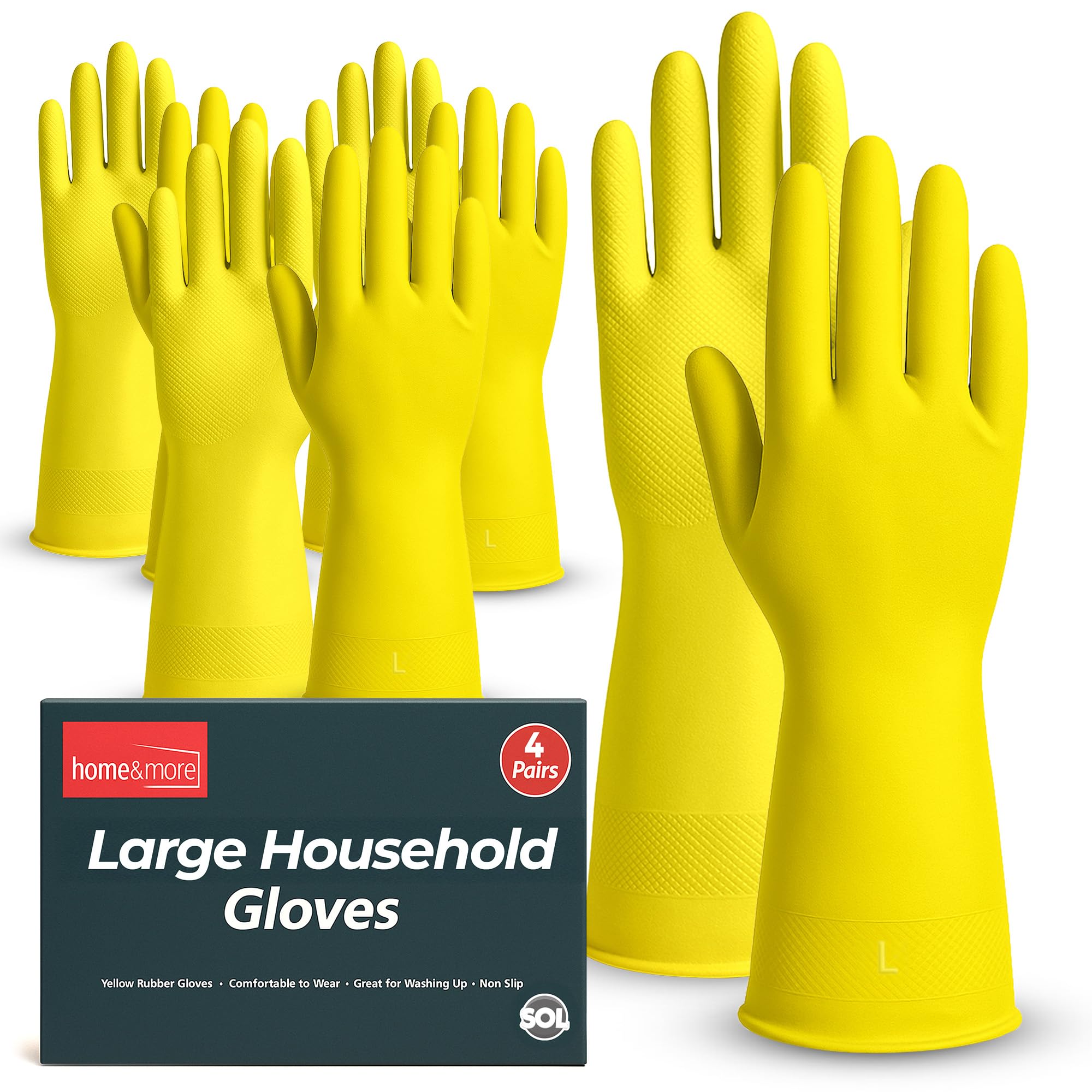 SOL 4 Pairs Kitchen Rubber Gloves Large, Yellow Heavy Duty for Cleaning with Non-Slip Grip, Durable Waterproof Design for Household, Bathroom & Dishwashing, Multipurpose & Comfortable To Use