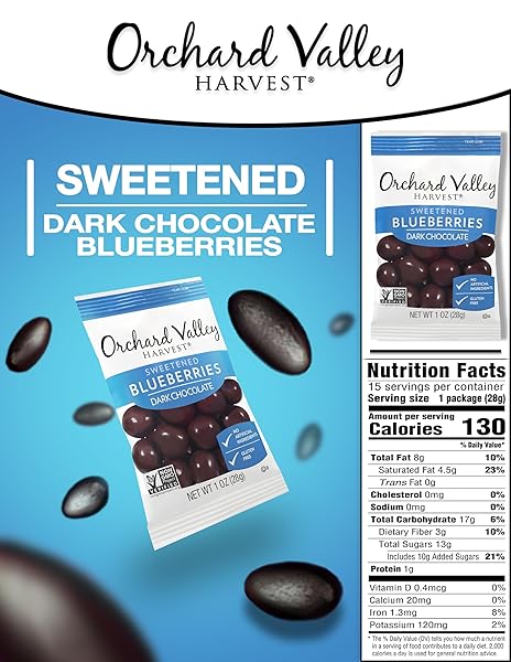ORCHARD VALLEY HARVEST DARK CHOCOLATE COVERED BLUEBERRIES, 1 OUNCE(PACK OF 15), GLUTEN FREE, NON-GMO, NO ARTIFICIAL INGREDIENTS