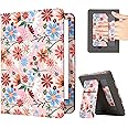 KEROM 6.8" Kindle Paperwhite Case 11th Generation 2021 Release and Signature Edition, Premium PU Leather Stand Cover Case with Hand Strap, Card Slot, and Auto Sleep/Wake - Tangerine Jasmine
