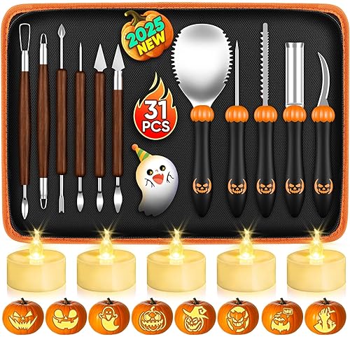 31PCS Halloween Pumpkin Carving Kit: Professional Pumpkin Carving Tools with LED Candles & Stencils for Carving, Stainless Steel Pumpkin Carving Set for Kids Adults with Carrying Case Pumpkin DIY