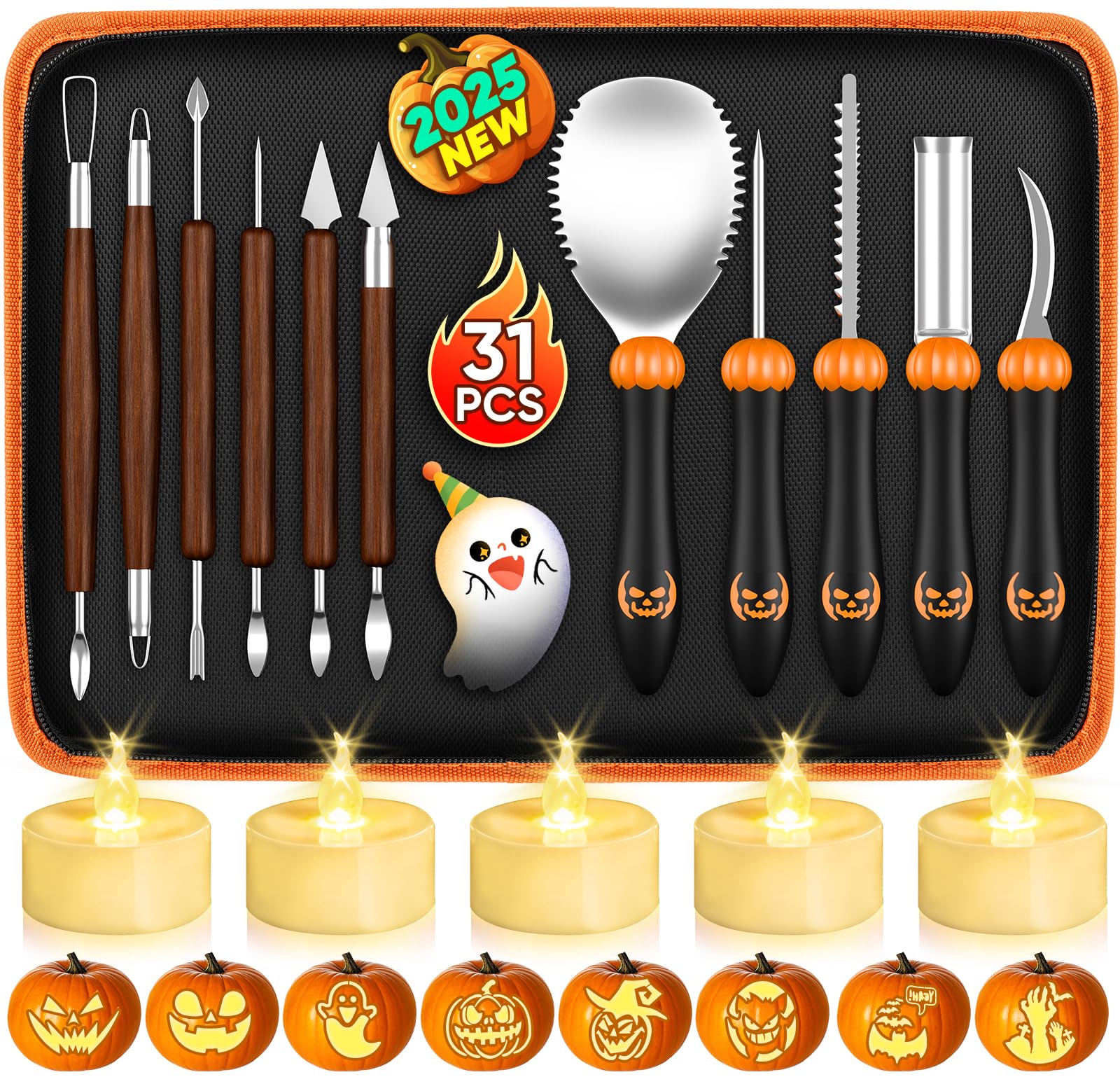 Photo 1 of 31 PCS Pumpkin Carving Kit: Pumpkin Carving Tools, Halloween Pumpkin Carving Kit with Stencils Candles Carrying Case, Professional Pumpkin Carving Set Knife for Adults Kids Family Halloween Party