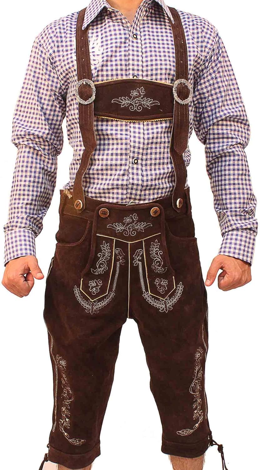 Lederhosen Store Oktoberfest Bavarian Bundhosen Men Authentic German Outfit Brown Deep Dark Brown: Clothing