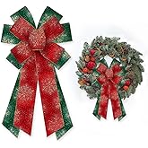 Glodecart Large Christmas Bow - Red Green Glitter Snowflake Wreath Bow for Christmas Decor, Winter Front Door Indoor Outdoor Tree Topper Decoration Supplies Garland Hanging Ornament