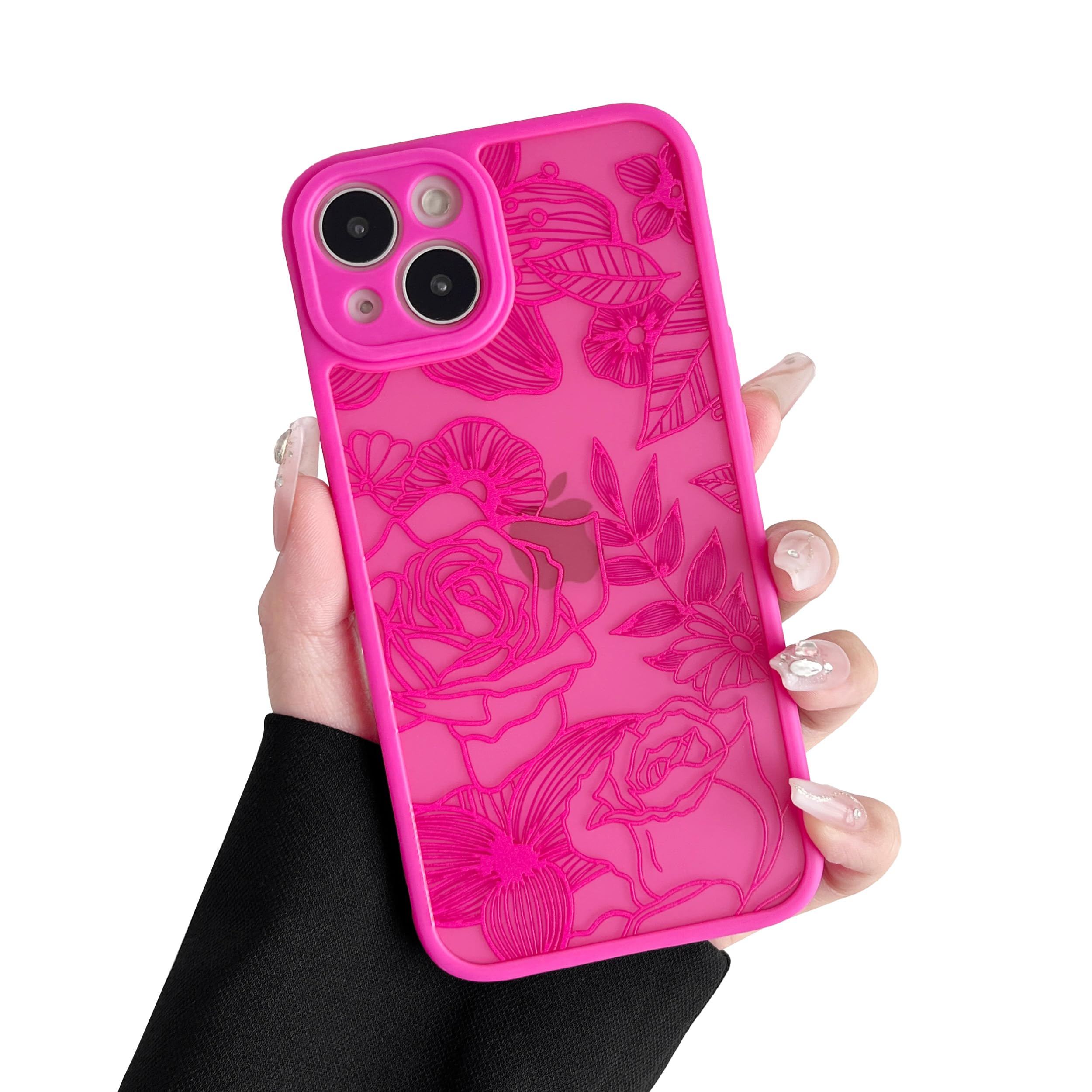 XIZYO Case for iPhone 13 6.1 Inch, Cute Frosted Translucent Rose Floral Flower Pattern Shockproof Cover, for Girls Women Luxury Soft TPU Protective Phone Case, Rose Red