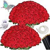 jabeick 50 Pcs Fake Roses Red Artificial Flowers Bulk, Faux Velvet Silk Rose Bouquet with Long Stems Real Look for Wedding Party Centerpieces Vases Decor