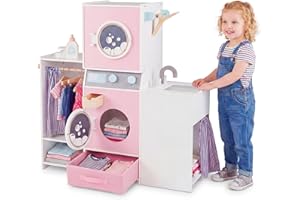 HONEY JOY Kids Washer and Dryer Playset, Wooden Pretend Play Stacked Laundry Play Set, Clothing Iron, Detergent Bottle, Hange