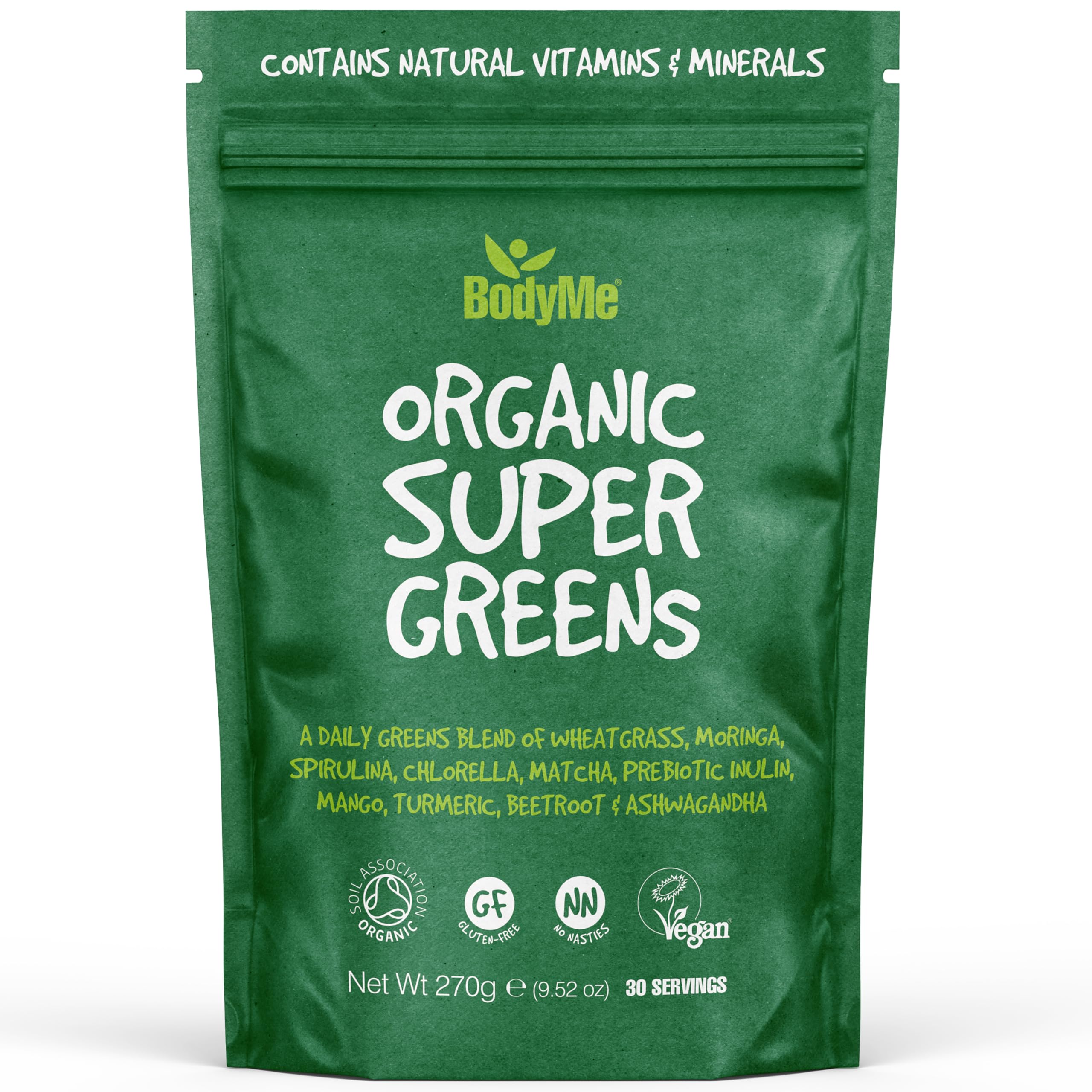 BodyMe Organic Vegan Greens Powder - Vegan Superfood Blend of Wheatgrass, Moringa, Spirulina, Ashwaganda and Other Organic Ingredients - Quick & Easy Nutrients, (30 Servings, 270g) | UK