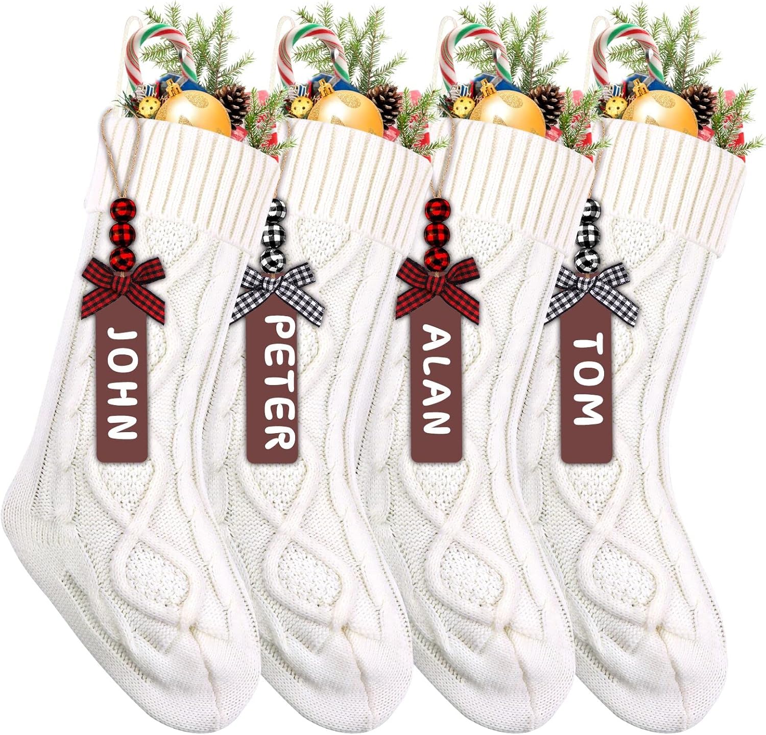 Stockings & Holders - XIMISHOP 4PCS White Christmas Stockings, 18inch Large Personalized Cable Knitted Xmas Hanging Stocking Decorations with Name Tags for Holiday Christmas Party Family Decor
