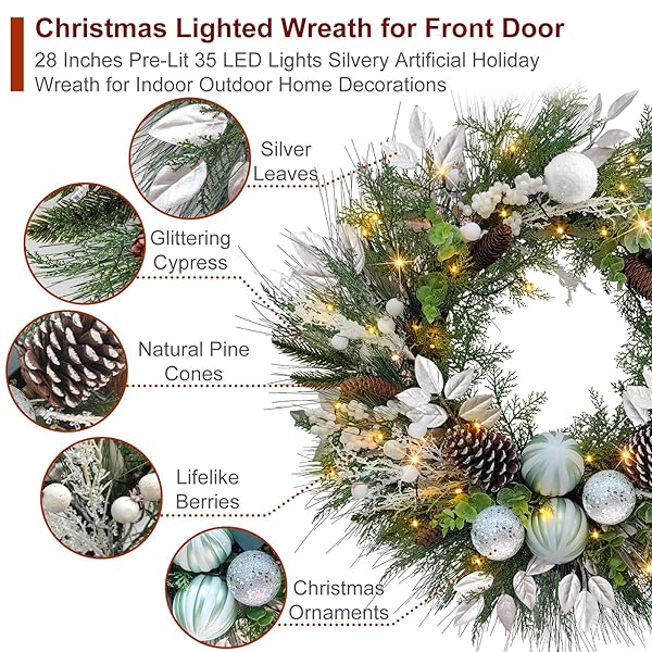 CHRISTMAS LIGHTED WREATH FOR FRONT DOOR, 28 INCHES PRE-LIT 35 LED LIGHTS SILVERY ARTIFICIAL HOLIDAY WREATH WITH SILVER ORNAMENTS FOR INDOOR OUTDOOR HOME DECORATIONS