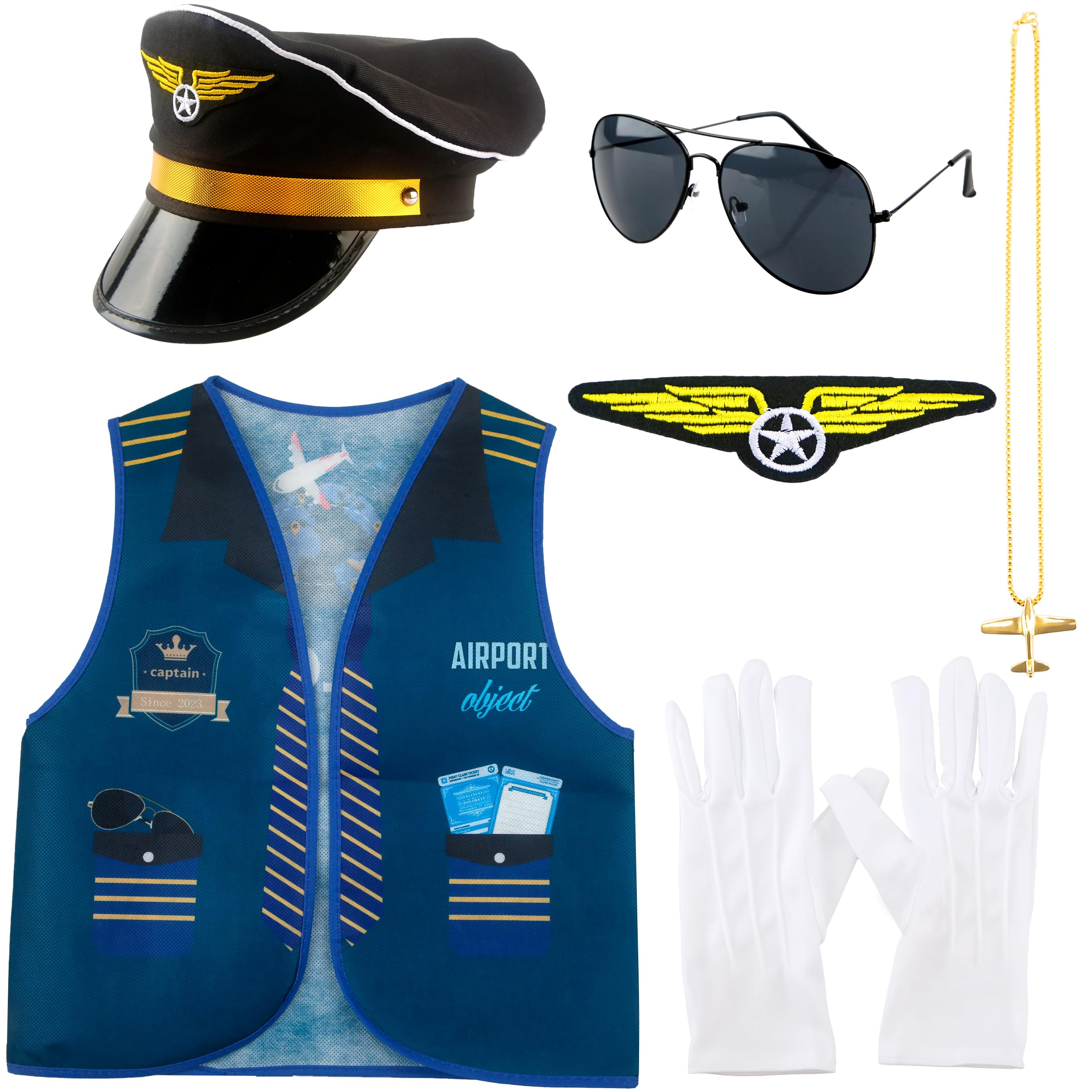 Puteraya 7 Pcs Children Pilot Costume Set Kids Air Force Pilot Dress Up Vest Fighter Pilot Captain Vest and Hat Set Aviator Uniform for Kids Boys Halloween Cosplay Pretend Party Role Play