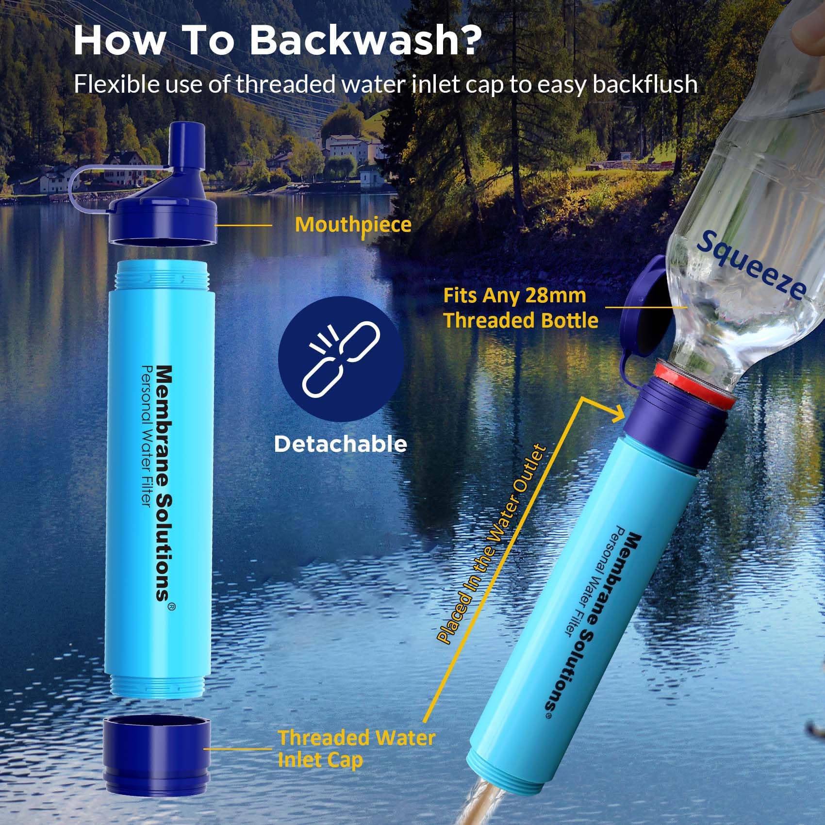 Membrane Solutions Straw Water Filter S1, NSF/ANSI 42&372&401 certificated, Survival Filtration Portable Gear, Emergency Preparedness, Supply for Drinking Hiking Camping Team Family Outing