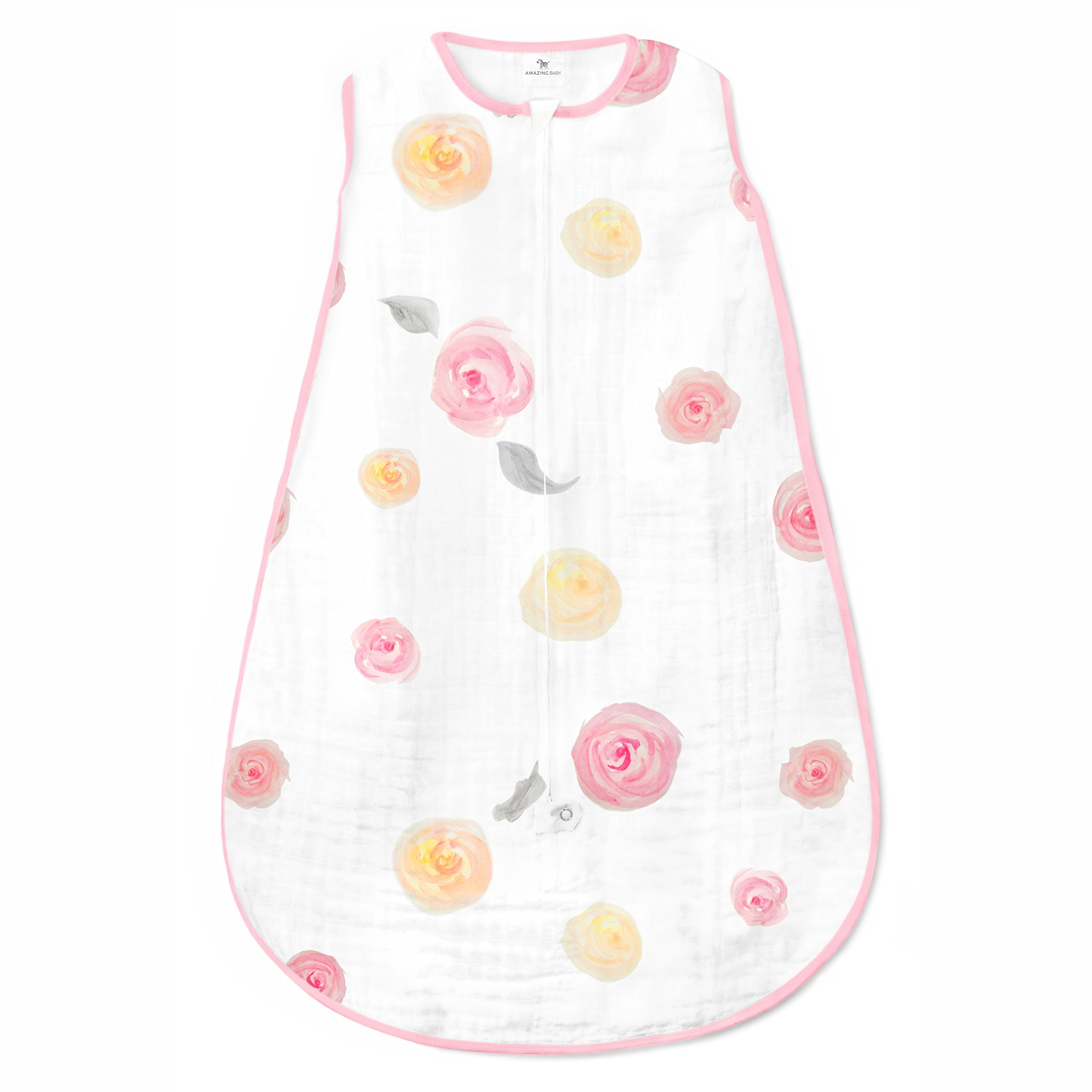 Amazing Baby Muslin Sleeping Sack with 2-Way Zipper, Watercolor Roses, Pink, Medium, 6-12 Months