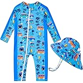 Funnycokid Baby Boy Swimsuit Zipper Infant Bathing Suits One Piece Rash Guard Swimwear with Hat