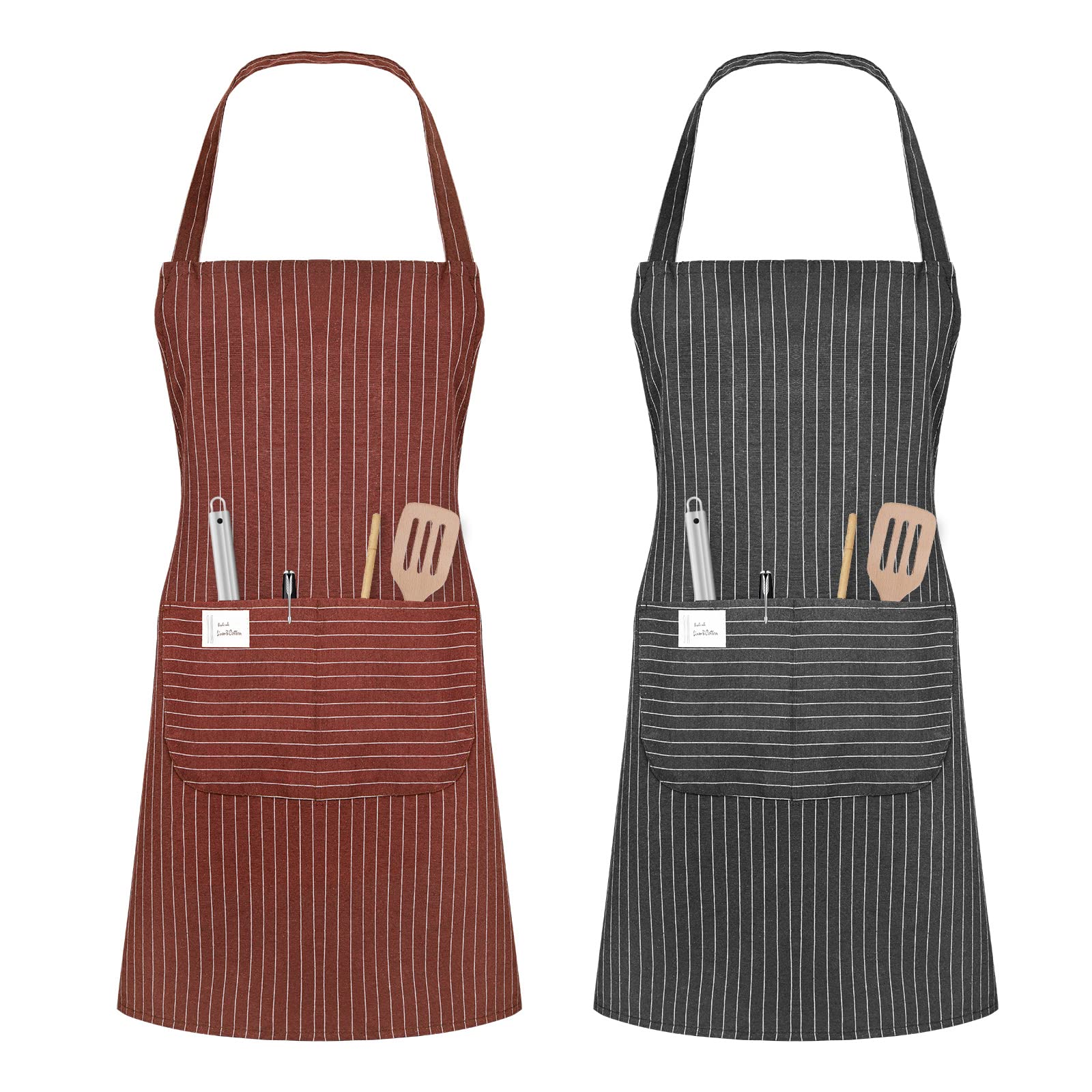 Vicloon Unisex Adjustable Bib Apron, 2 Pcs Apron with 2 Pockets Cooking Kitchen Chef Aprons, Women Men Aprons for Home Kitchen, Restaurant, Coffee house (Grey/Coffee) — image 1