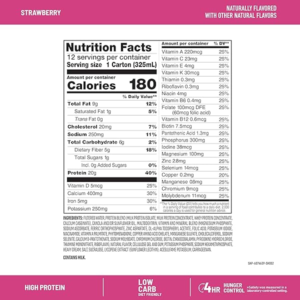 SLIMFAST PROTEIN SHAKE, STRAWBERRY- 20G PROTEIN, MEAL REPLACEMENT SHAKE READY TO DRINK, HIGH PROTEIN WITH LOW CARB AND LOW SUGAR, 24 VITAMINS AND MINERALS, 12 COUNT (PACK OF 1) (PACKAGING MAY VARY)