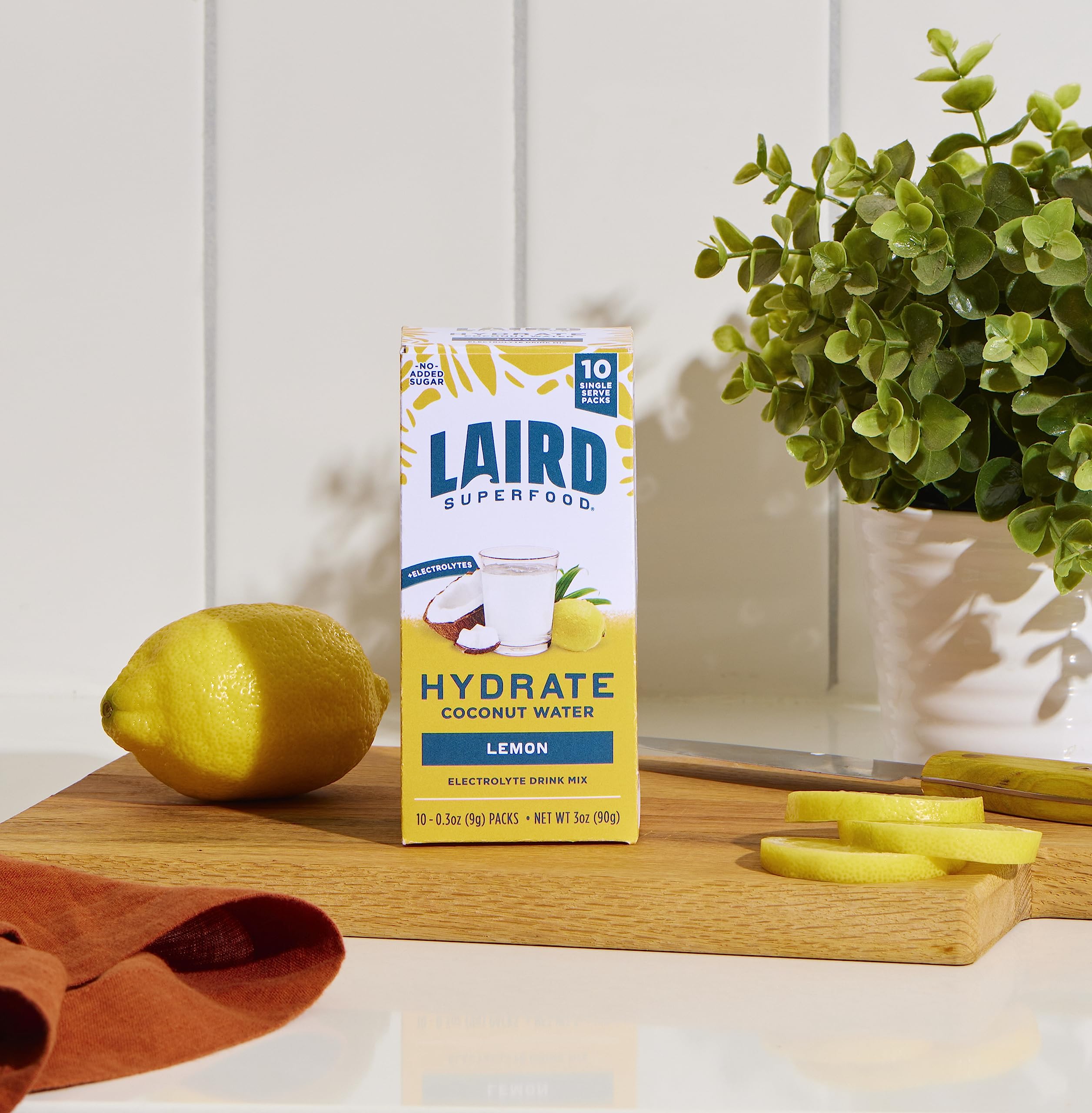 Laird Superfood Hydrate Coconut Water – Electrolyte Drink Mix - Lemon, 10 Single Serve Sticks – 0g Added Sugar – No Artificial Ingredients – On-the-go Hydration