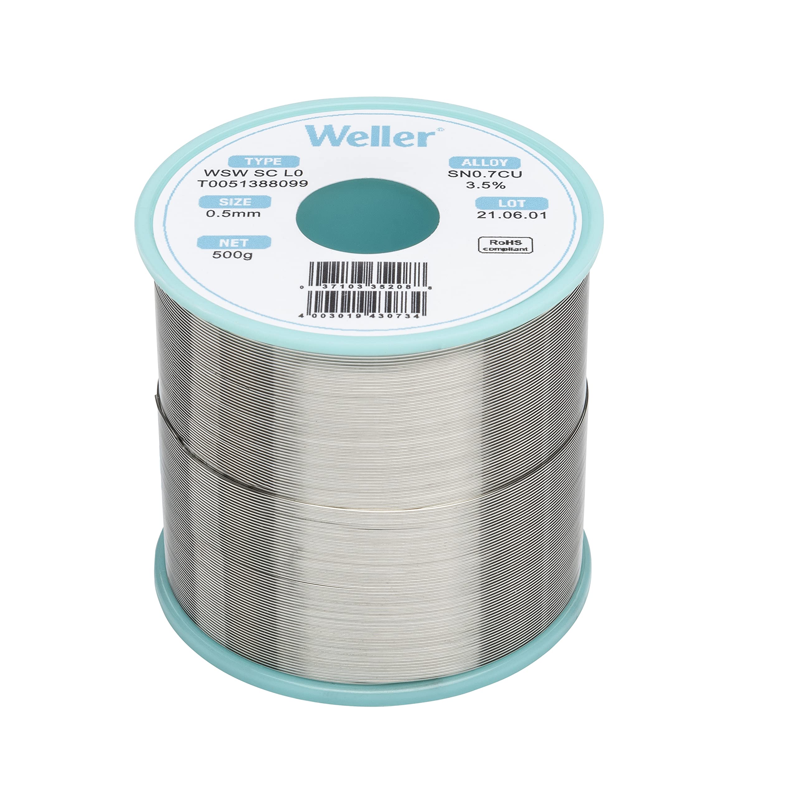 Weller WSW SC L0 (T0051388099) Lead Free Solder Wire, Ø 0.5mm, Alloy Sn99.3Cu0.7, Flux content 3.5%, 500g