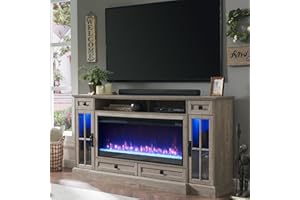 OKD Fireplace TV Stand for 80 Inch TV, Farmhouse Entertainment Center with 42" Fireplace & LED Lights, Modern Media Console Table with Storage Drawers & Cabinets for Living Room, Light Rustic Oak