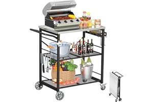 Ciokea Folding Outdoor Grill Cart with Wheels, 3-Shelf Grill Table with 27x18 in Stainless Steel Top, Rolling Pizza Oven Stand, Metal Portable Cart for BBQ Patio Camping (Black)