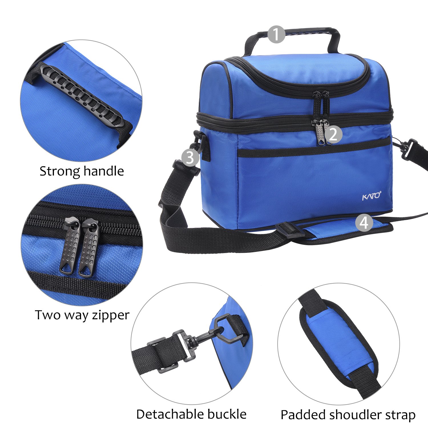 Kato Insulated Lunch Bag, Leakproof Bento Cooler Tote Lunch Box for Men and Women, Dual Compartment with Shoulder Strap, Blue