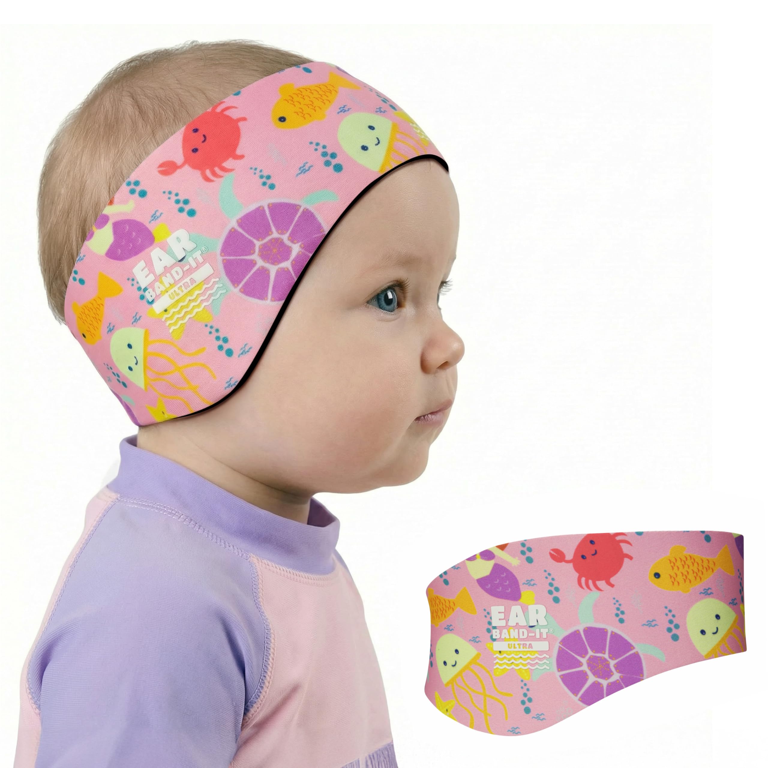 Earvolution Ear Band-It Ultra Swimming Headband, American Brand, Doctor-Invented - Sensory-Friendly- Anti-Slip Grip &Thick Neoprene for Max Protection/Comfort, Holds Earplugs in, (Sea Life, Small)