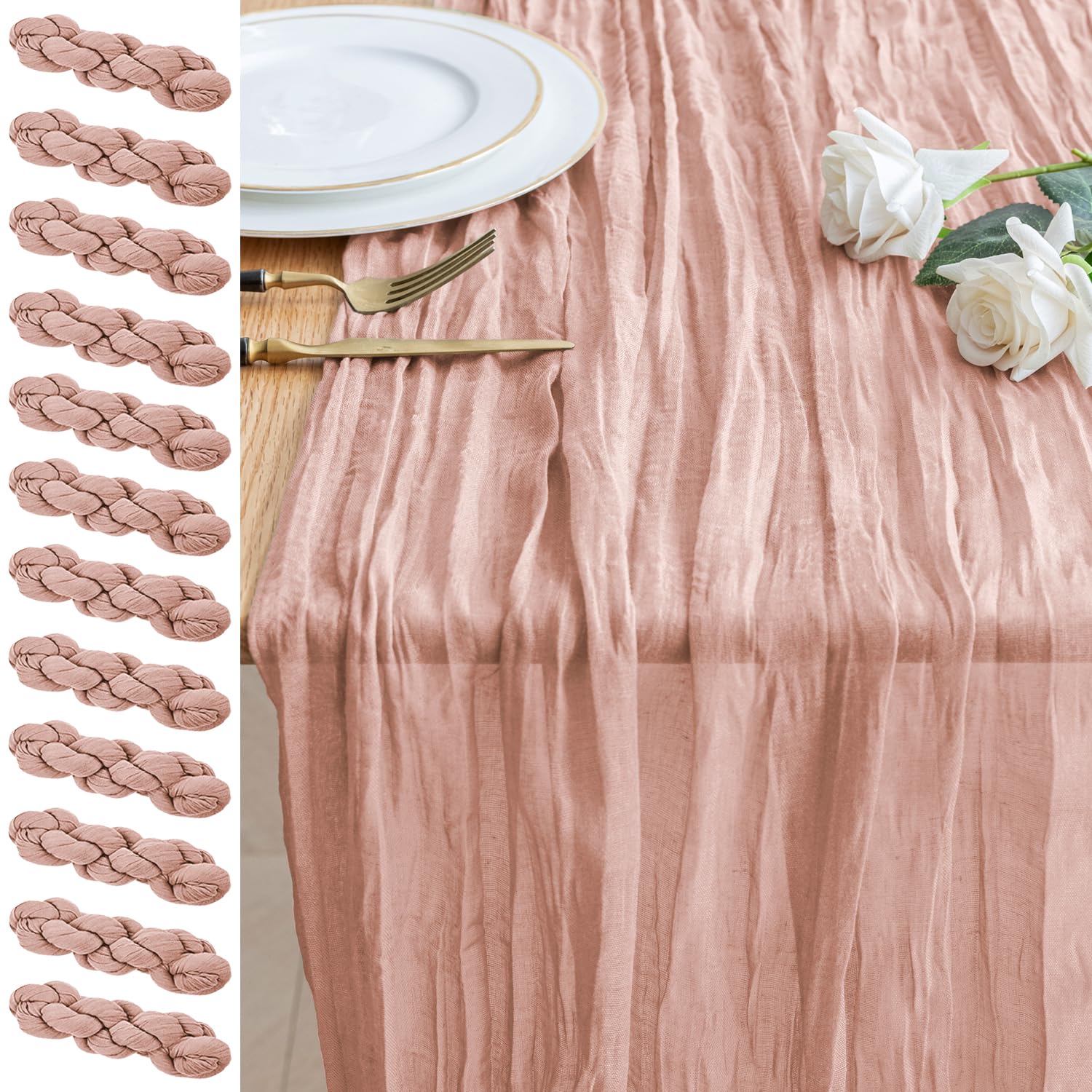 Photo 1 of Xiomot 12PCS Table Runner Cheesecloth 10FT Dusty Pink Boho Gauze Cheese Cloth Rustic Sheer Table Runners for SpringWedding Bridal Baby Shower Party Decoration
