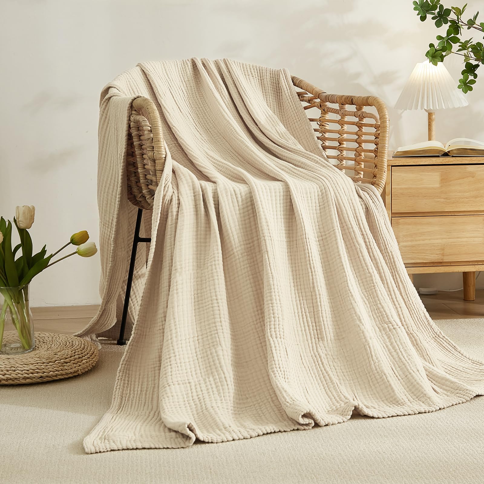 Photo 1 of EMME Cotton Muslin Blanket Twin XL - 66"x90" Lightweight Breathable Layering Blanket Bedspread Coverlet All Season Gauze, Light Tan
