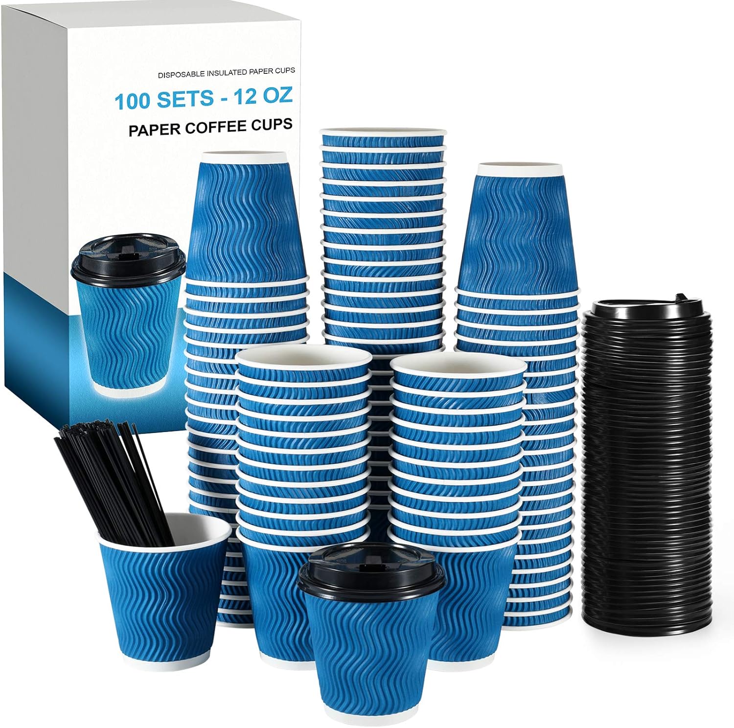 Millet by R-100 Sets 12 Oz Premium Disposable Coffee Cups with Lids & Stirring Straws-For Hot Cold Beverages Good For Home, Office, Party- Insulated To Go Paper Coffee Cups with Fitted Lids