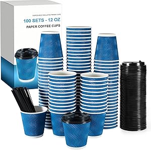 Millet by R-100 Sets 12 Oz Premium Disposable Coffee Cups with Lids & Stirring Straws-For Hot Cold Beverages Good For Home, Office, Party- Insulated To Go Paper Coffee Cups with Fitted Lids
