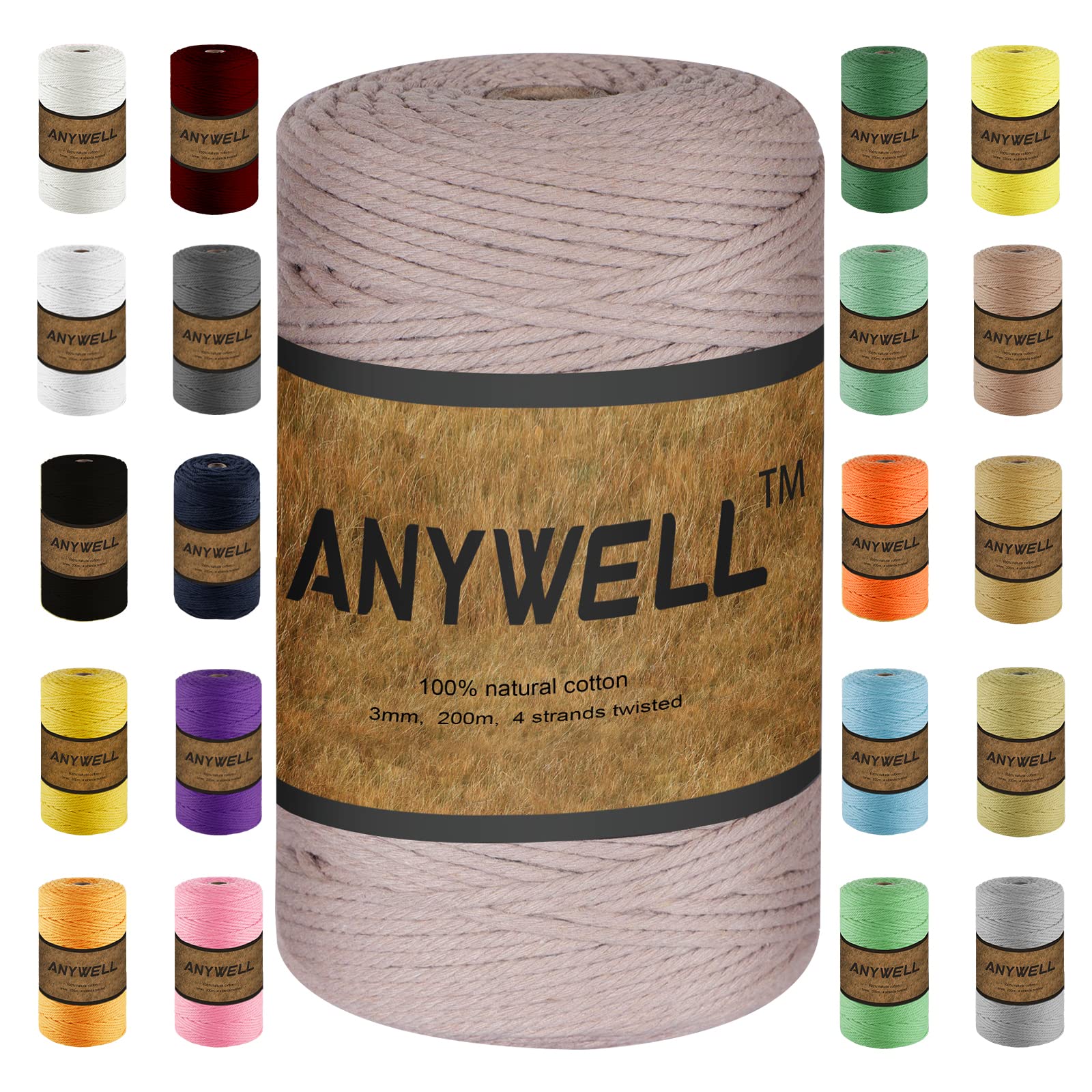 ANYWELL 3mm Rose Pink Macrame Cord (218 Yards) - 100% Cotton 4-Strand Rope for Wall Hanging, Plant Hanger | Soft, CE Certified, Eco-Friendly