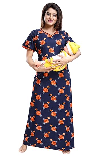 Women's Cotton Feeding/Maternity Night Gown (LTC0062, Orange, Free Size, Length 54
