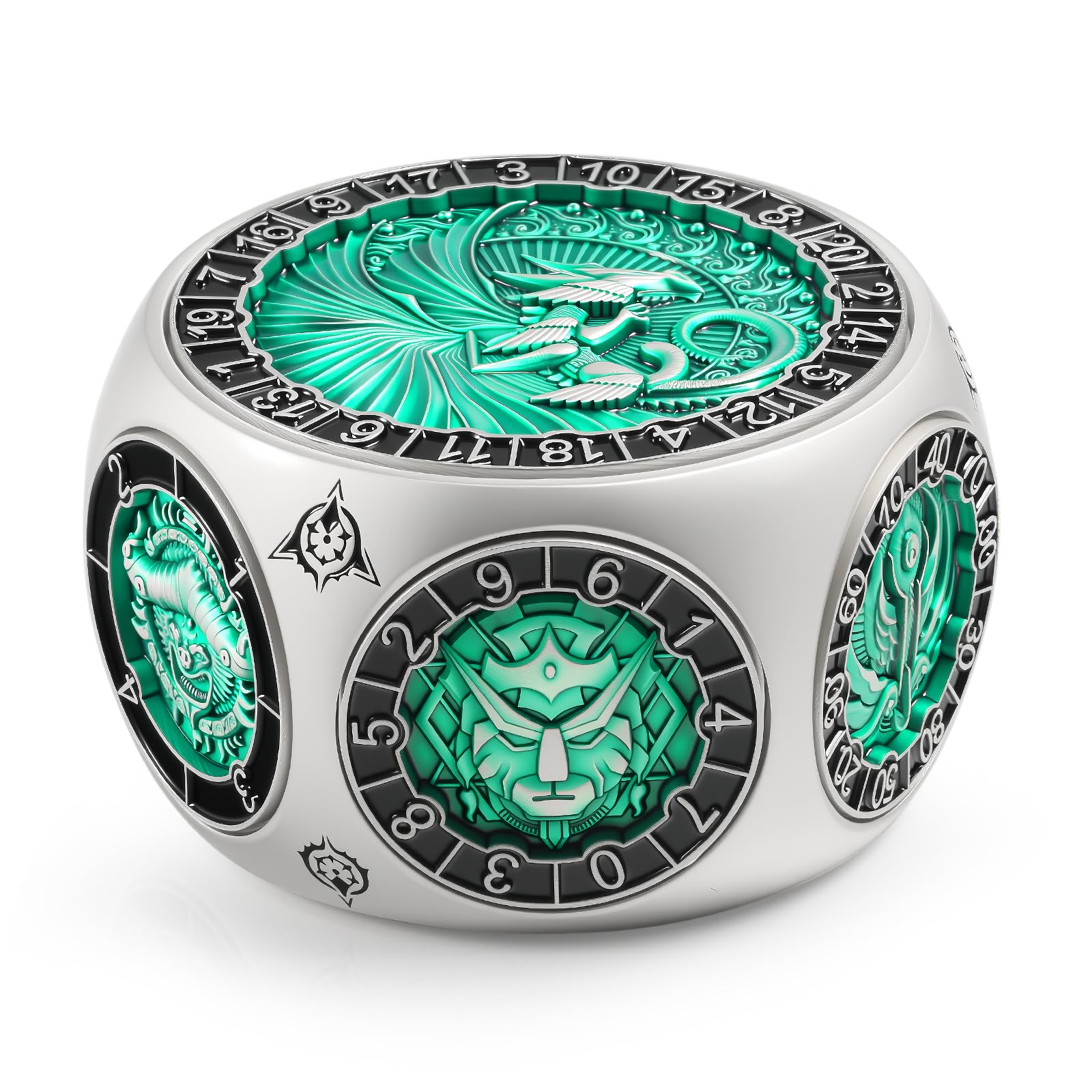 DNDND Unique Spinner D&D Dice, 8-in-1 Hexagonal Metal Dice with Dual D20 Monster Themed Dice Set for DND Dungeons and Dragons, Dungeon Masters with Collectible Gift Tin (Silver with Green)