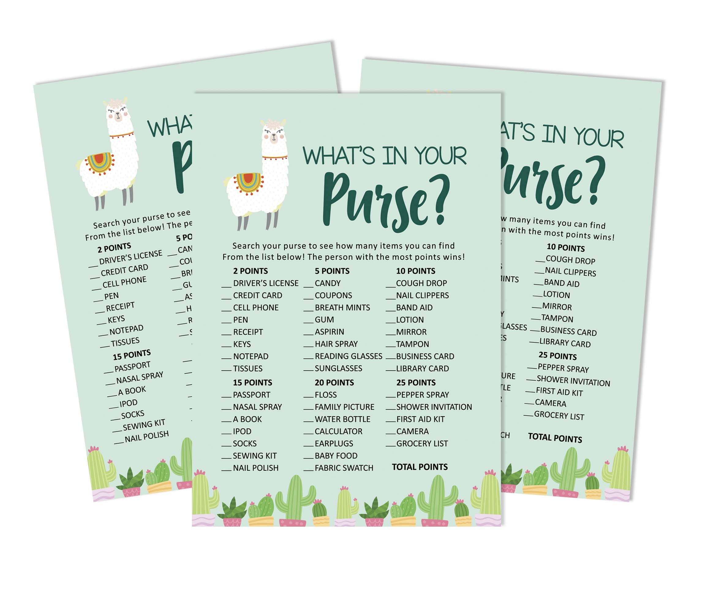 Inkdotpot 50 Sheets What's In Your Purse Baby Shower Game Cards Llama Gender Neutral Activity Cards Party Idea Baby Shower Party Supply