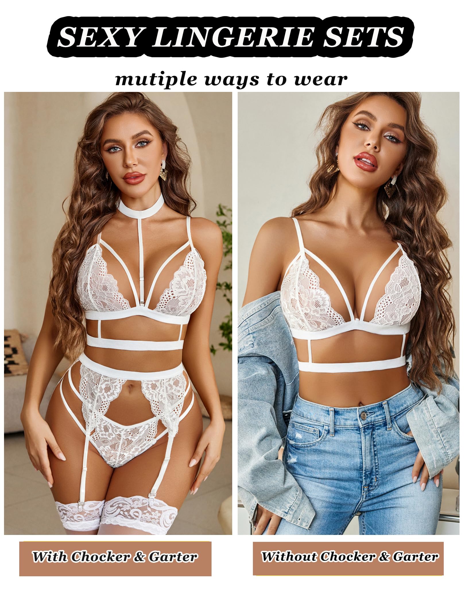 Avidlove Lace Garter Lingerie Set with Removable Choker Teddy Babydoll Strappy Bra and Panty Set (No Stockings)