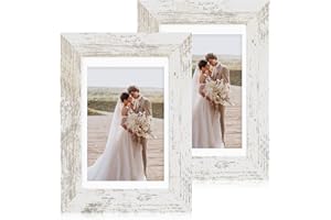 Hongkee 5x7 Picture Frame Set of 2, Made of Real Glass and Distressed White Wooden Frame - Display Pictures 4x6 with Mat or 5x7 Without Mat, 5 by 7 Photo Frame for Wall or Tabletop Display