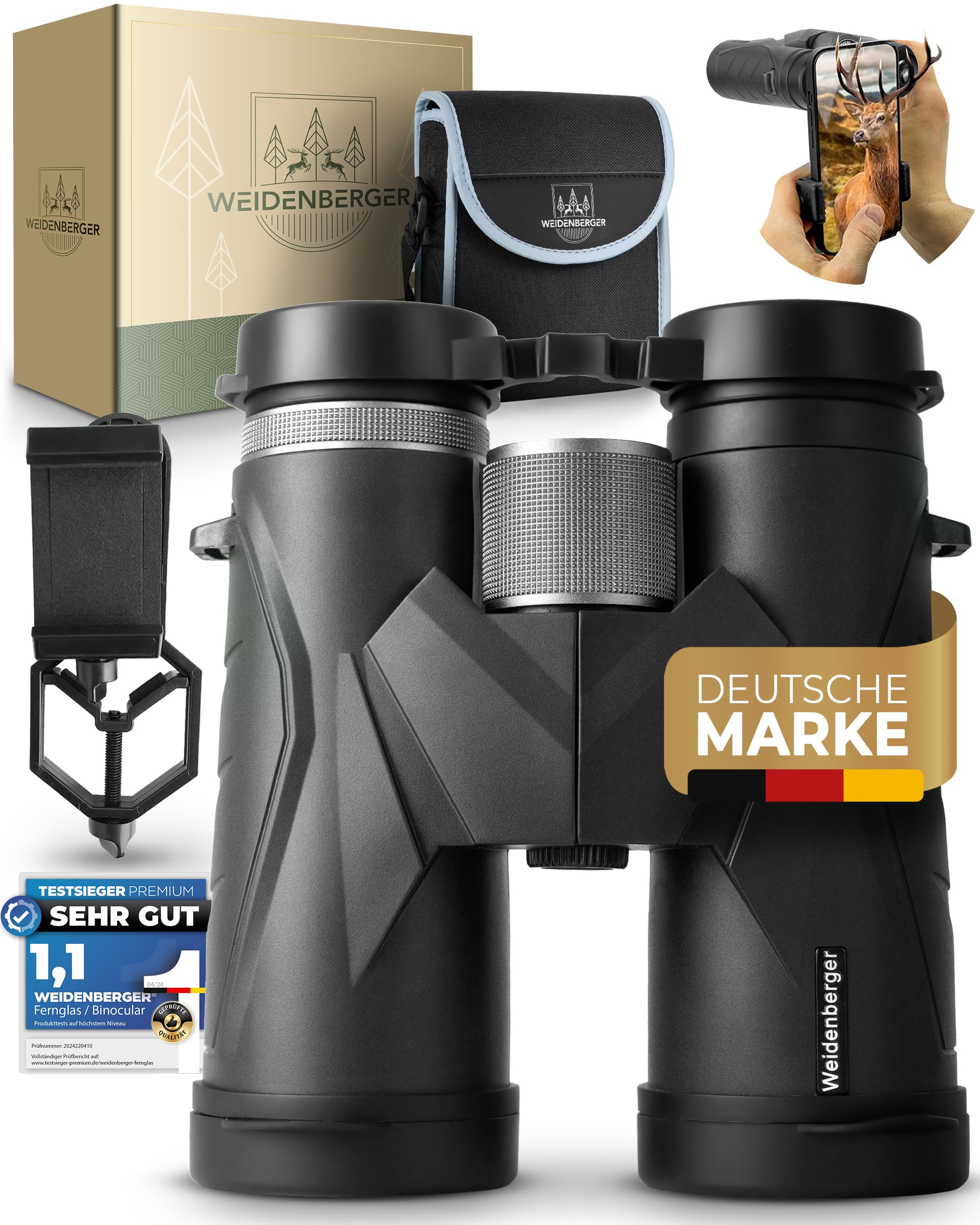 Weidenberger Fernglas 12x42, [TESTSIEGER] Magnesium Fernglas mit Nitrogenfüllung und wasserdicht, für Erwachsene, BAK4 HD Prisma + FMC Objektiv, auch Brillenträger geeignet (Schwarz, 12x42)