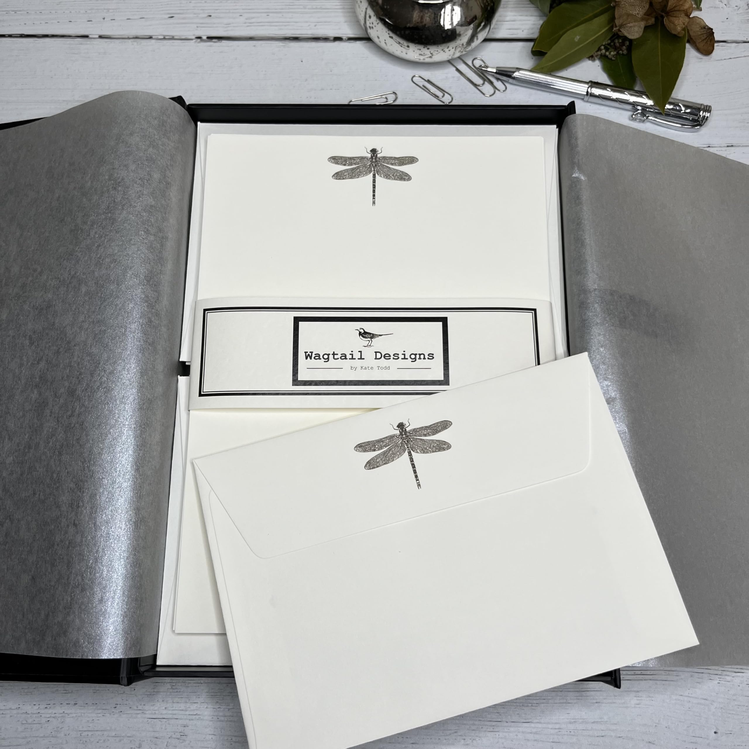 Writing Paper Gift Set with Dragonfly Design from Wagtail Designs in a Lovely Black Box with Ribbon (18)