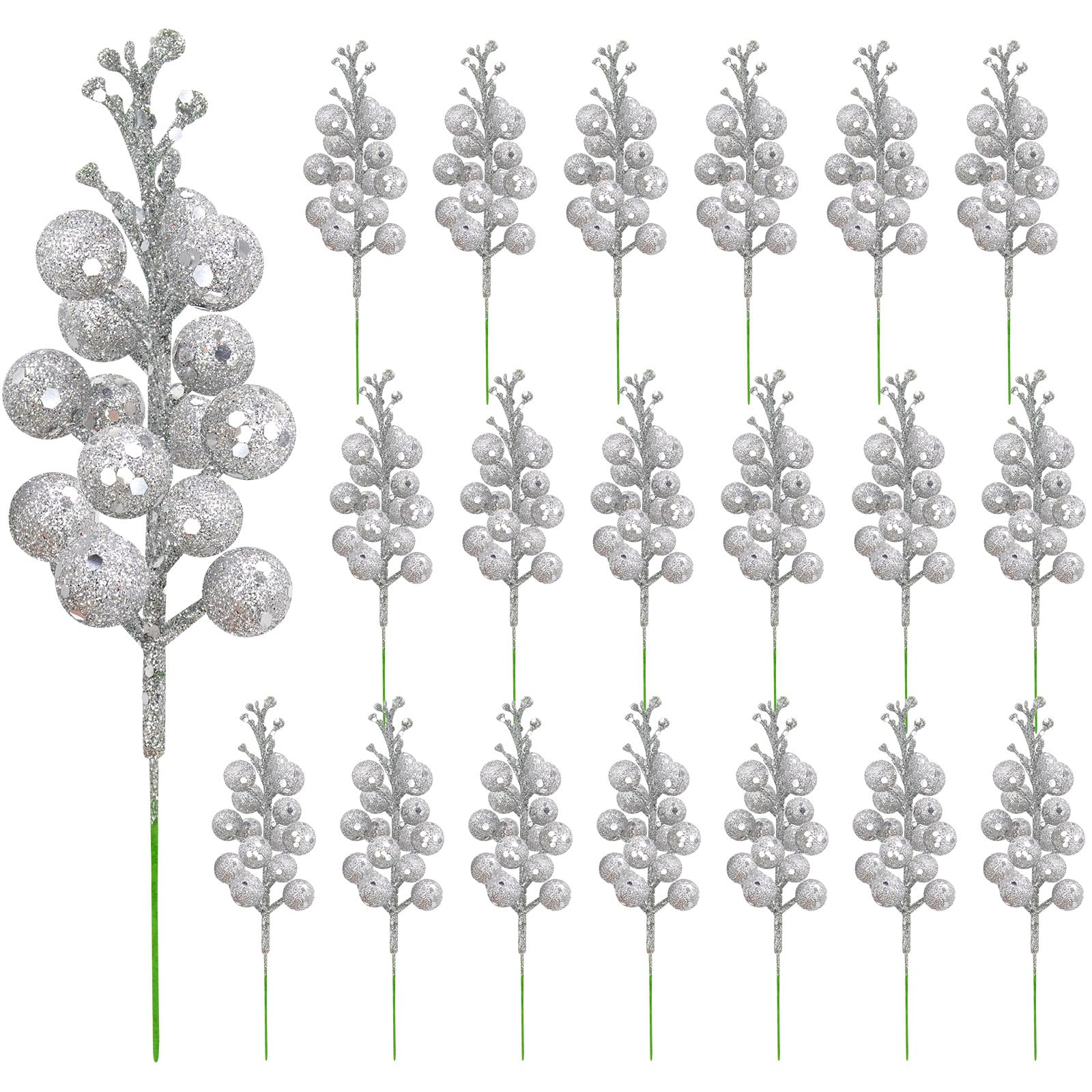 Yueshop 20 PCS Christmas Artificial Berries Stems, Christmas Tree Decorations Silver Berry Stems Glitter Berries Branches Christmas Tree Picks for Wreath Wedding Party DIY Crafts Xmas Tree Decoration