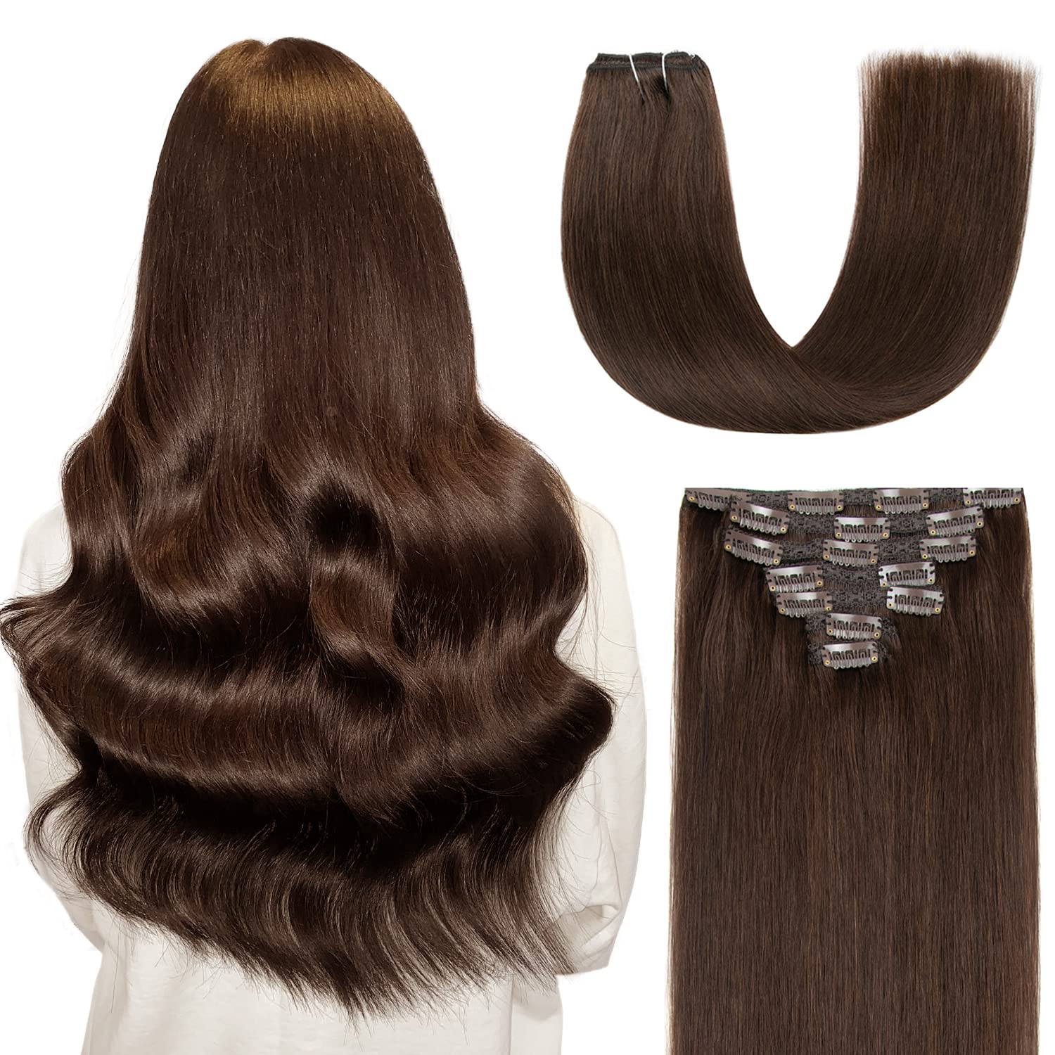 AGMITY Clip in Hair Extensions Real Remy Human Hair Darkest Brown 20 inches 7Pcs 120g Straight Seamless Double Weft Human Hair Extensions Clip in Thick(20 inches #2 Darkest Brown) — image 1